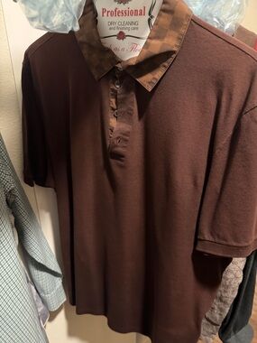 Louis Vuitton Men's Dark Brown Polo with Patterned Collar